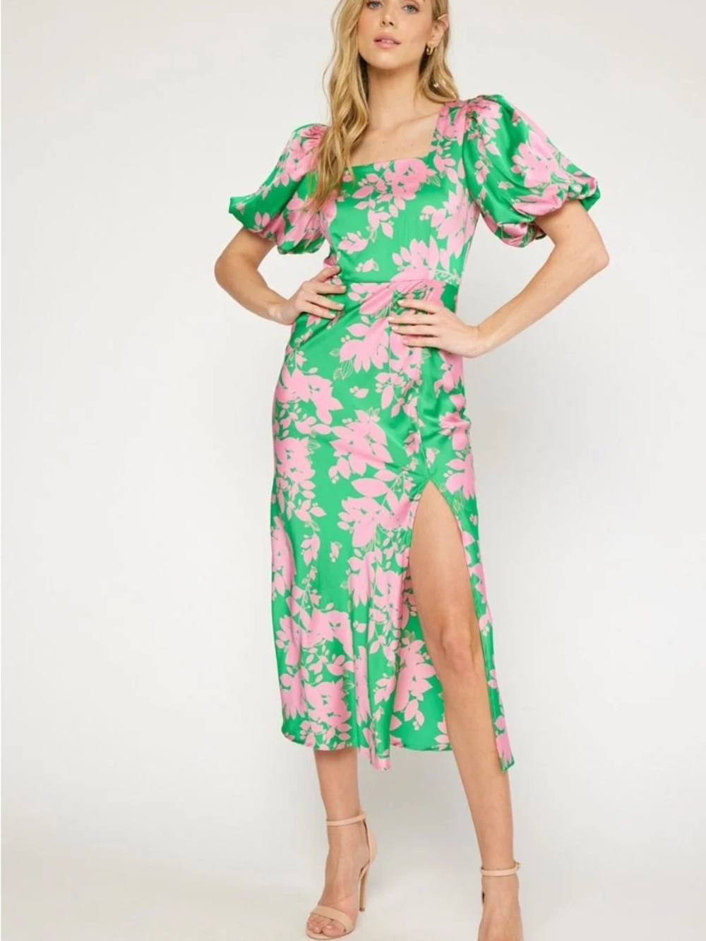 entro Green Midi Dress with Pink Floral Print and Puff Sleeves